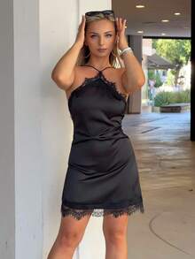 Jeta Ari Women's Black Summer Elegant Night Out Satin Lace Trim Spaghetti Strap Bodycon Mini Dress, Date,Music Festival,Party,Wedding Guest,Birthday - Black - View 7