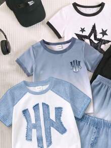 SHEIN 隨機3款發1套 嬰兒男童街頭時尚休閒字母印花T恤搭配印花短褲套裝 - 彩色 - 查看 4