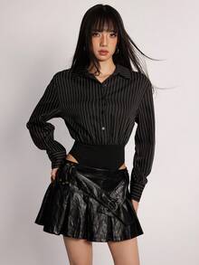 INAWLY Women's Button Half-Placket Striped Long Sleeve Bodysuit, Business Office - Black - View 7