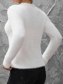 INAWLY Sweater Rajut Wanita Lengan Panjang Kerah Tegak Warna Polos, Sweater Pullover Rajut Musim Gugur/Dingin - Putih - View 2