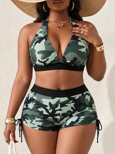 Slaydiva 2026 New Plus Size Women 2-Piece Deep V Camouflage Print Top & High Waist Flat Shorts Separated Swimsuit Set, Beach Vacation, Summer Holiday Outfit, Party Wear, Elegant Women Beach Swimwear, Women Vacation Clothing