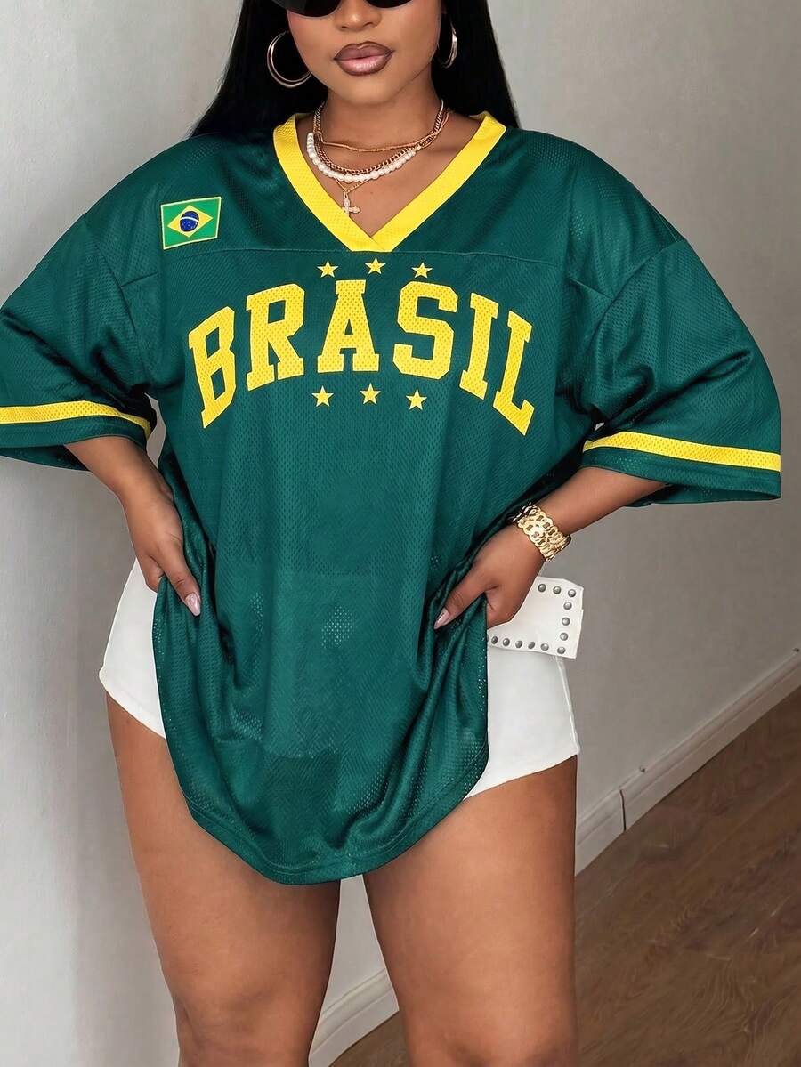 Maweii 大尺碼女款夏季寬鬆運動T恤 網布字母印花拼接上衣 度假風 - 彩色 - 查看 1