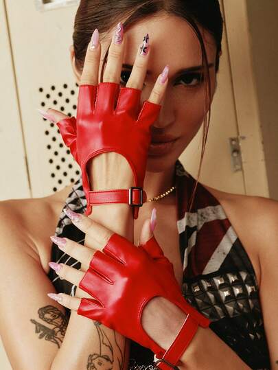 Glisma 1 Pair Red Fingerless Breathable PU Leather Gloves - Adjustable Half Finger Gloves - For Performance, Fashion Show, Costume, Cosplay, Punk Style