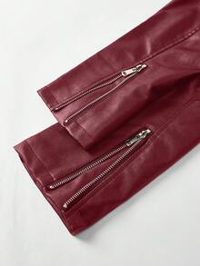 SHEIN PETITE CURVE 大码修身PU皮夹克，带拉链和保暖内衬，黑色PU皮高领法兰绒夹克，PU皮休闲街头风长袖女式常规夹克，适合秋冬季节，皮质抓绒夹克 - 酒紅色 - 查看 6