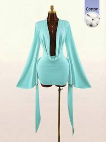 Amplova Romantic Low-Cut Draped Neckline Large Bell Sleeve Bodycon Fitted Mini Dress - Green - View 2