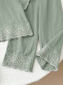 LMoss Kids 女童花卉刺繡短袖上衣與長褲休閒套裝 - 綠色 - 查看 4