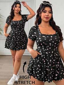 SHEIN EZwear 大尺碼女款花卉印花百褶休閒日常穿著連身短褲 - 彩色 - 查看 2