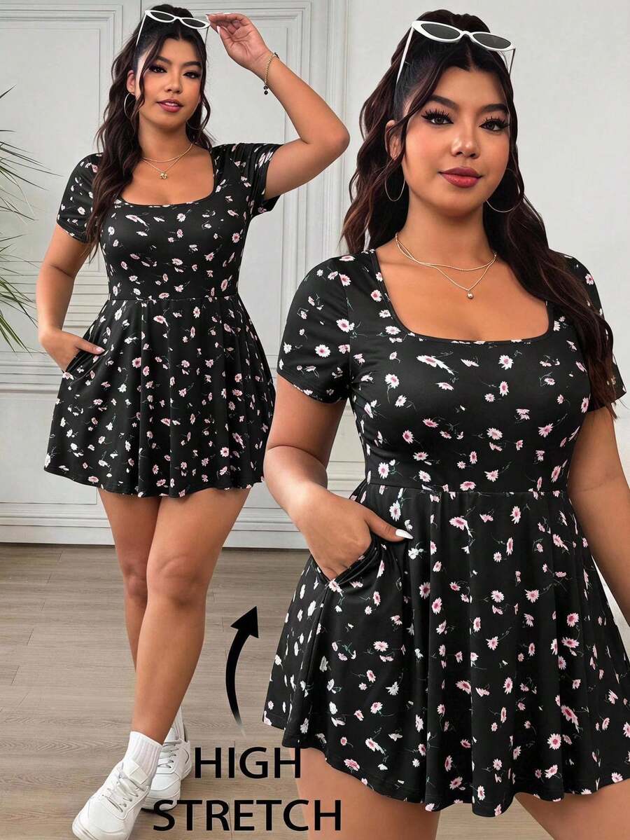 SHEIN EZwear 大尺碼女款花卉印花百褶休閒日常穿著連身短褲