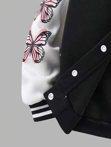 SHEIN Explorewe Streecool 青少年女孩秋冬休閒舒適時尚設計日常百搭字母與娃娃圖案棒球夾克 - 黑與白 - 查看 6