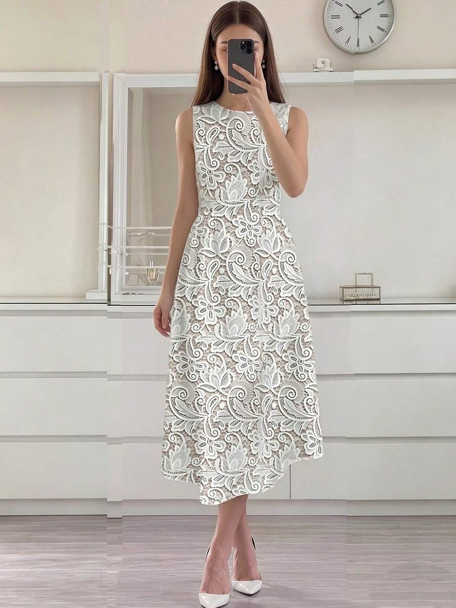 SHEIN 青少年女孩圖案印花高腰無袖洋裝,休閒、極簡、寬鬆、返校季、花卉、修身、舒適、復古、秋季穿搭 - 彩色 - 查看 1