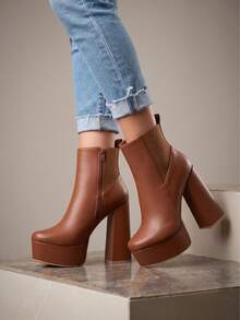 Black Platform Ankle Boots With Wide Heel, Spring And Zipper - Camel - View 5