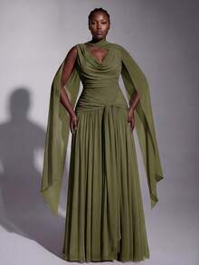 Elitara Olive Green Fall Elegant Classy Evening Formal Party High-Stretch Knit Mesh Plunging Neck Twist Ruffle Bridesmaid Dresses Women Gala Wedding Guest - Army Green - View 5