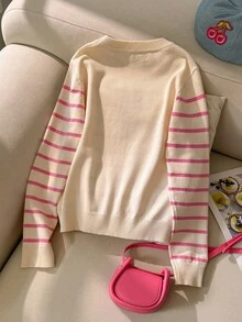 SHEIN 1件女童秋季毛衣長袖上衣，休閒時尚校園可愛穿搭，熊圖案印花，適合秋冬，校園穿著，簡約休閒造型，聖誕服飾 - 白色 - 查看 2