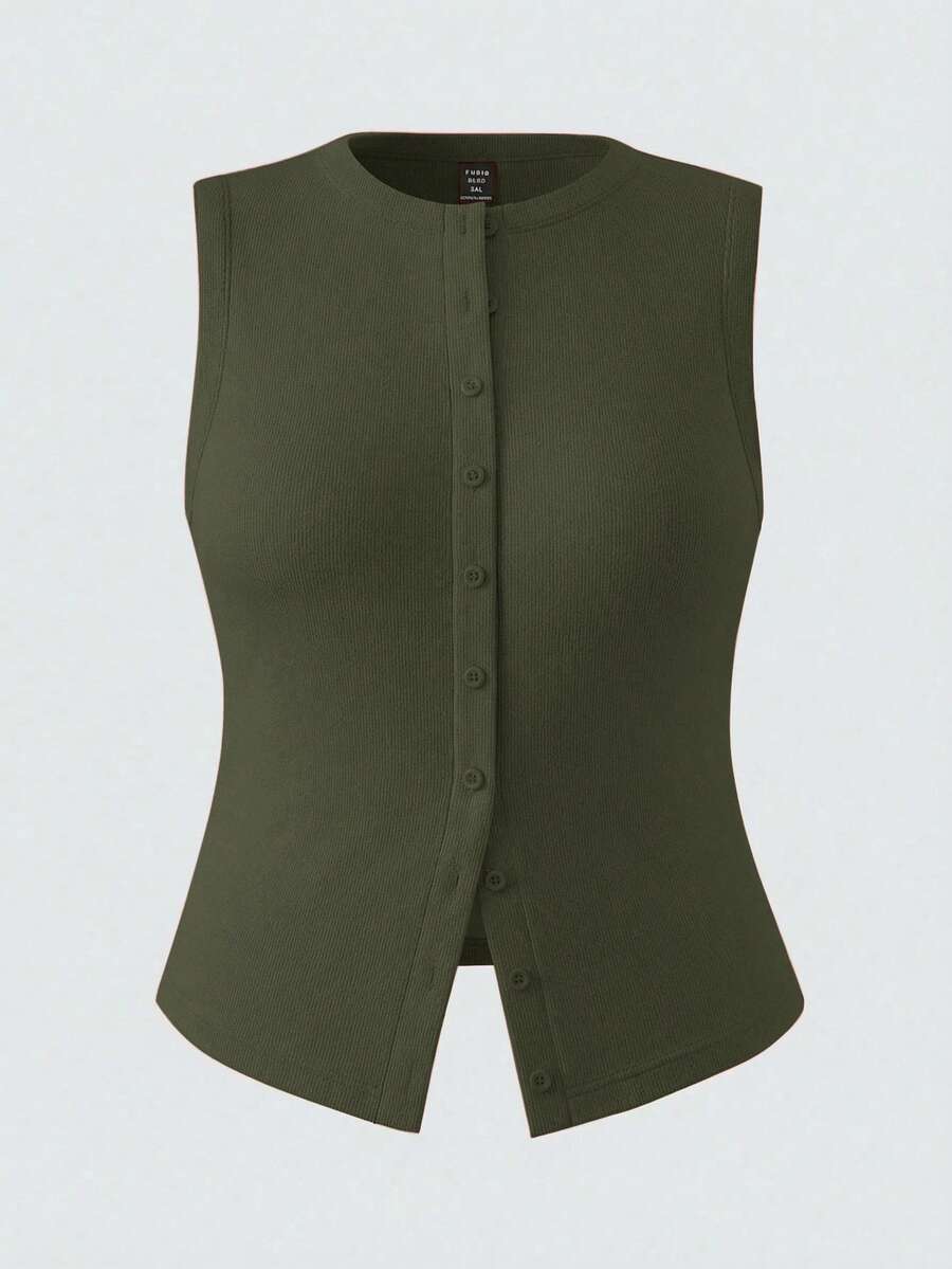 SHEIN BASICS 休閒純色針織修身大尺碼背心 - 軍綠色 - 查看 1