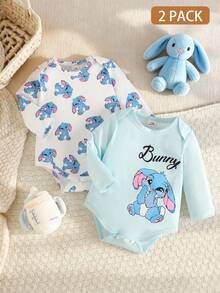 SHEIN 2pcs/Set Baby Boy Cute Rabbit Print Long Sleeve Bodysuit, White Light Blue Color, Spring/Autumn Crawl Suit, Matching Parent-Child Style, Soft Fabric - Blue - View 2