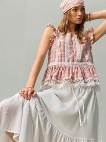 SHEIN Women's Plaid Flutter Sleeve Lace Trim Patchwork Ruffle Button Shirt - Pink - View 8