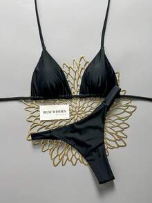 Swim Vcay Conjunto de traje de baño de dos piezas con copa triangular y cuello halter para vacaciones en la playa primavera/verano - Negro - Ver 3