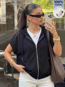 SHEIN EZwear 袋鼠口袋連帽衛衣 夏季旅行黑色運動休閒風 - 黑色 - 查看 10