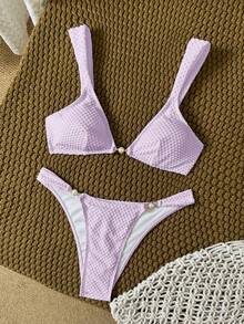 Swim Mod 純色布料珍珠飾品連結設計，優雅輕盈性感女款泳衣套裝，淺藍色，適合海灘派對夏季穿著 - 紫色 - 查看 5