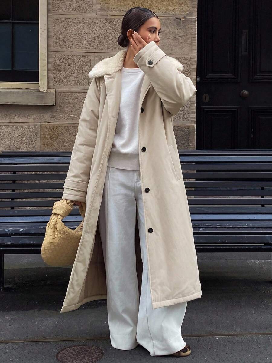 DAZY Women's Fashion Single-Breasted Long Sleeve Pocket Padded Coat Minimalist - Light Grey - View 1