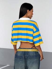 StreetHx 2000年代風格 Y2K 女款春秋休閒街頭風寬鬆條紋拼色 Polo 領 T 恤 - 彩色 - 查看 2