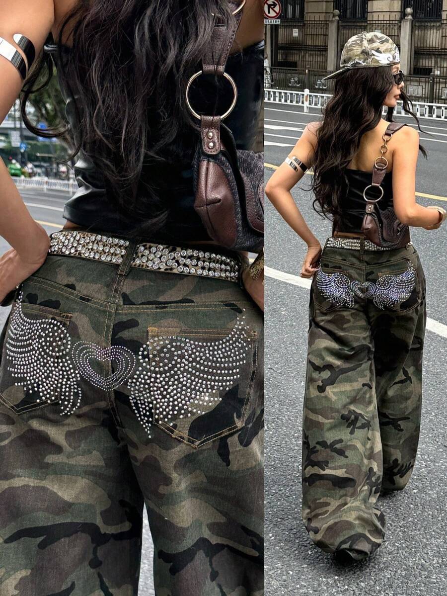 Coolane 女款夏秋街頭風休閒外出 Y2K 牛仔女郎純棉寬鬆迷彩天使之翼與愛心圖案閃亮水鑽牛仔褲