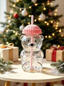 1Pc Cute Bear Shaped Heat Resistant Glass Cup With Lid & Straw, Honey Bear Sippy Mug For Coffee Beer Wine Cocktail, Home Kitchen Party Drinkware, Xmas New Year Gift. - Multicolor - View 9