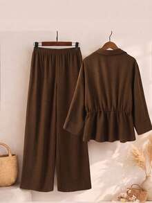 Rusticease Plus Size Women Solid Color Pleated Top And Wide Leg Pants Casual Daily 2 Pieces Set Fall - Brown - View 2