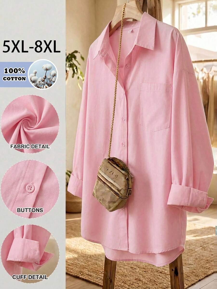 SHEIN CURVE+ قميص بأكمام طويلة وأزرار أمامية بلون وردي فاتح، بسيط وعادي وكاجوال، مناسب للمقاسات الكبيرة، مناسب للبرانش والمكتب والإجازات والمناسبات الرسمية، خريف - وردي - مشاهدة 1