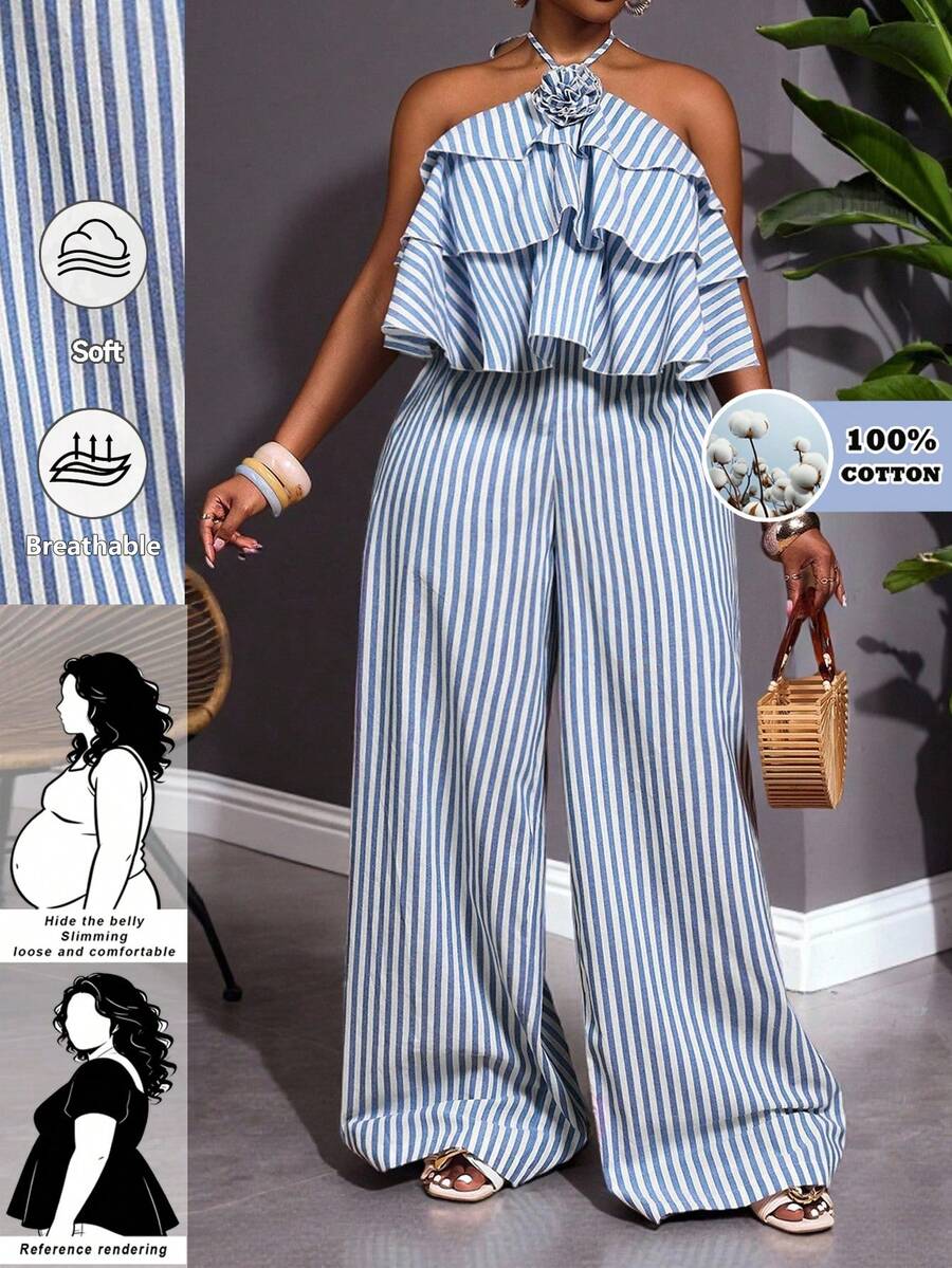 SHEIN CURVE+ 大码女装/秋季服装/秋季女装/冬季女装/冬季女装大码条纹印花荷叶边吊带连体衣 - 藍色 - 查看 1