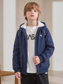 SHEIN 青少年男孩騎士印花長袖休閒保暖內裡連帽外套 - 黑色 - 查看 8
