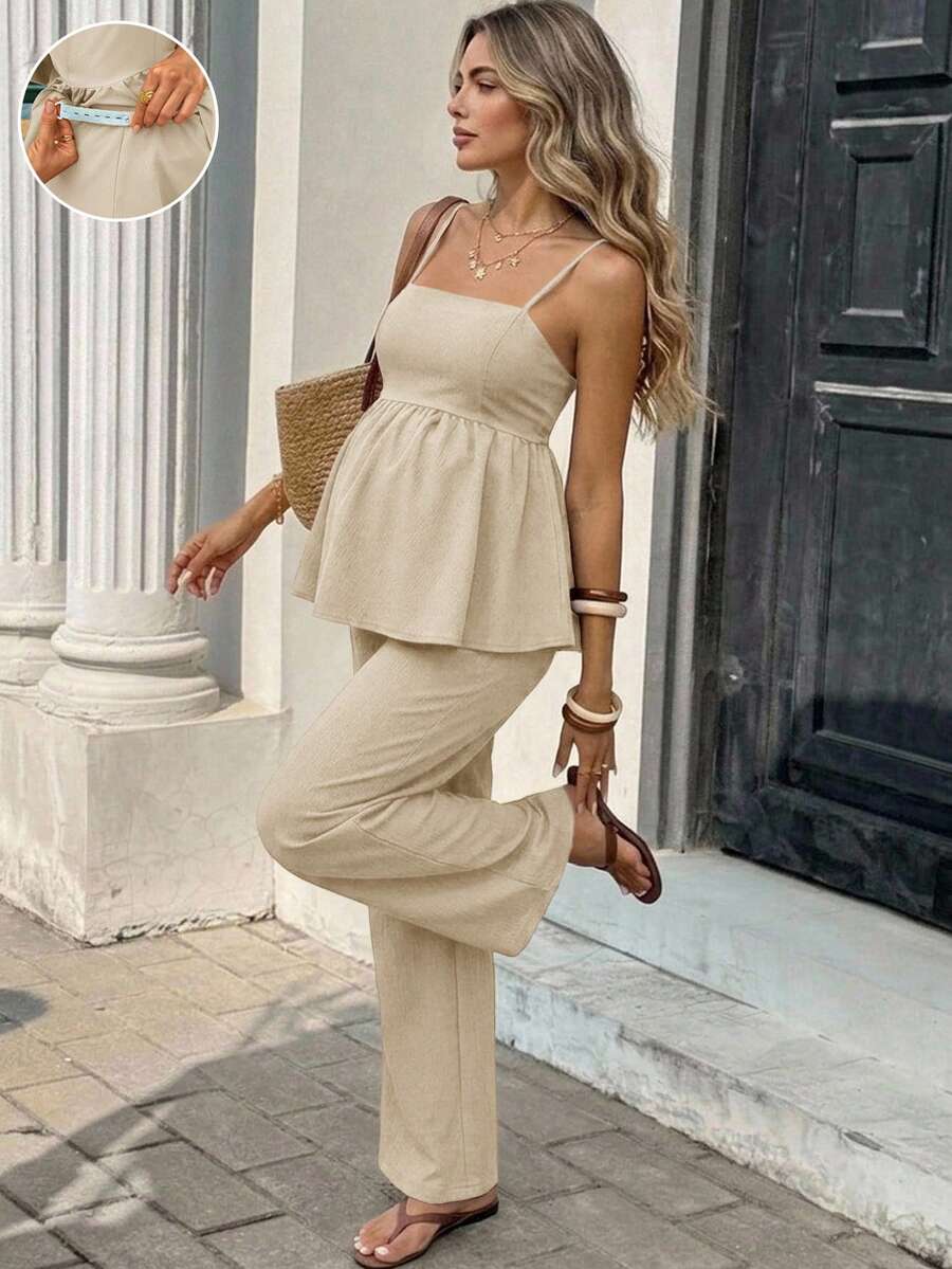 SHEIN Ensemble 2 pièces de maternité pour vacances, débardeur à volants de couleur unie et pantalon à taille ajustable - Kaki - Voir 1
