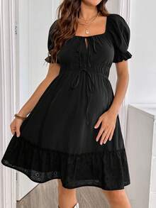 Boho Mama Umstandsmode elegantes lässiges Kleid mit Spitzenbesatz, gerafft, mit Bindeband vorne, für Fotoshootings, schwarz, Sommer - Weiss - Übersicht 7