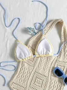 Elavelle Sweet Yellow Ruffle Bikini Top With Shiny Starfish Applique, Halter Neck Swimwear, Suitable For Pool Party - Yellow - View 3