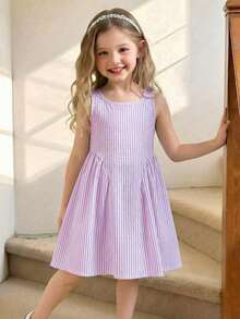 Emery Rose Kids Emery Rose Kids 女孩編織黃色條紋休閒細肩帶洋裝 夏季海灘度假小洋裝 蝴蝶結設計 薰衣草色 假期穿搭 - 粉色 - 查看 2