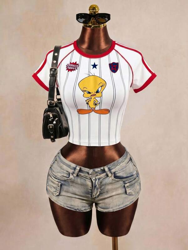 LOONEY TUNES X SHEIN Women's Striped Cartoon Print Raglan Short Sleeve Casual T-Shirt