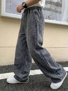 Teen Boy Cool Drawstring Elastic Rubberized Waist Loose Wide-Leg Jean Halloween And Black To School - Black - View 4