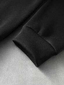 ROMWE MEN Men's Dark Rhinestone Gothic Letter & Wing Print Loose Fit Open Front Plush Hooded Sweatshirt - Black - View 5