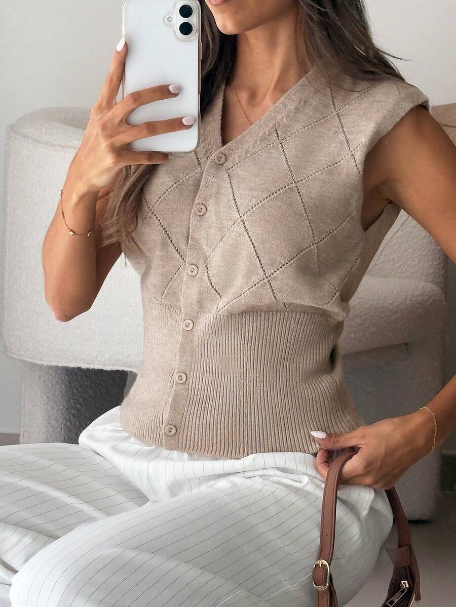 Firerie Women's Casual Versatile Solid Color Knit Vest - Khaki - View 1