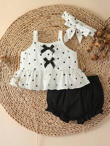 SHEIN 新生女嬰夏季新款印花圖案可愛三角圍兜套裝附髮帶 - 黑與白 - 查看 1