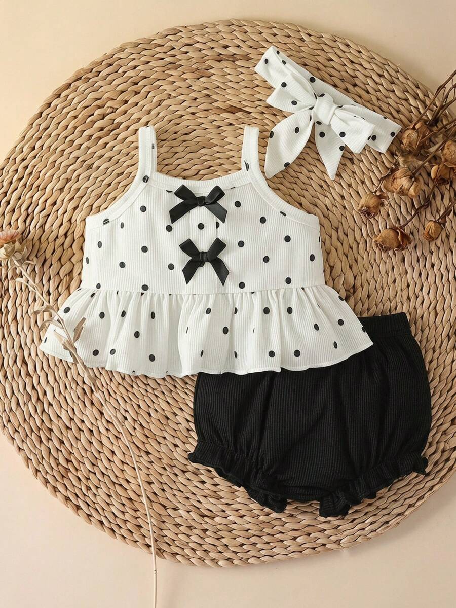 SHEIN 新生女嬰夏季新款印花圖案可愛三角圍兜套裝附髮帶 - 黑與白 - 查看 1