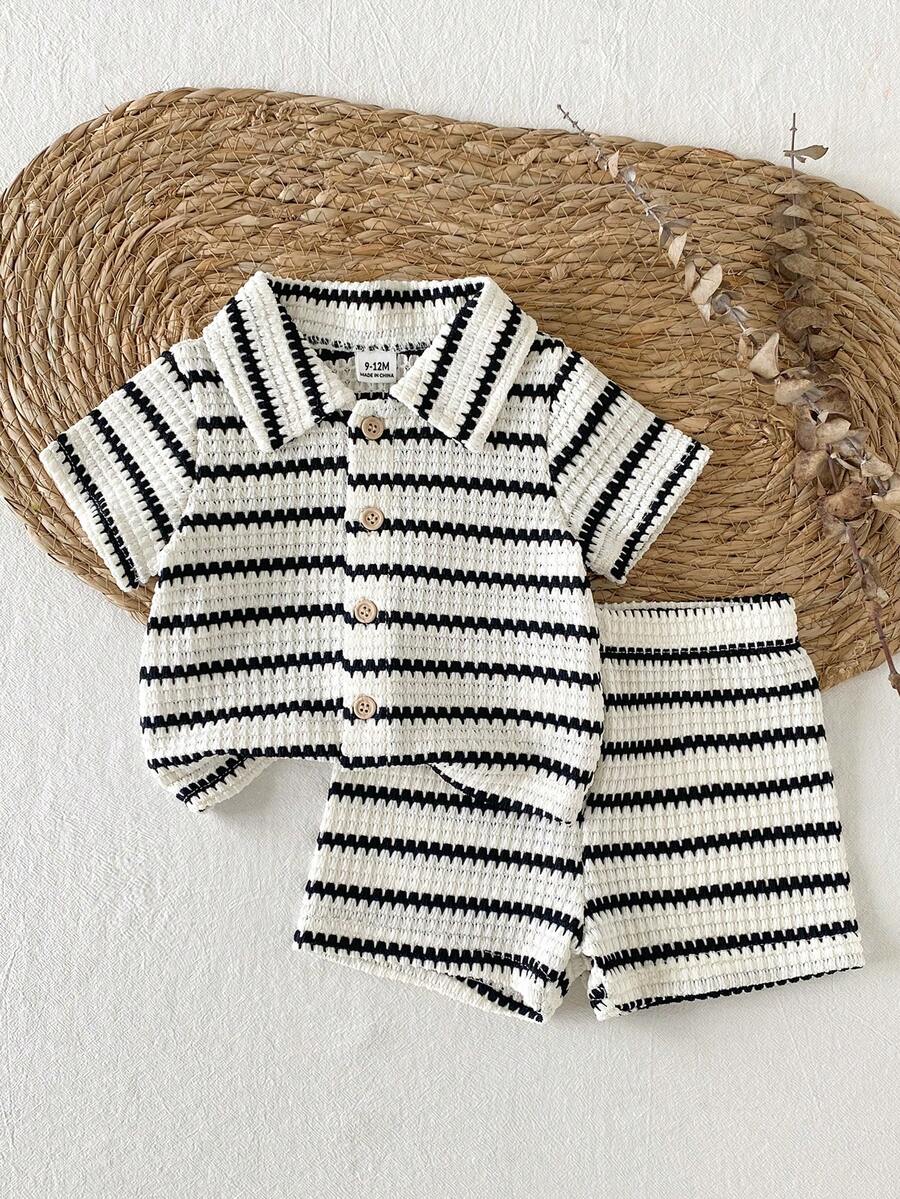 SHEIN Vintaside Kids 2件組新生兒休閒日常針織提花襯衫領短袖上衣與鬆緊腰頭短褲,適合戶外或舒適穿著,夏季百搭套裝 - 黑色 - 查看 1