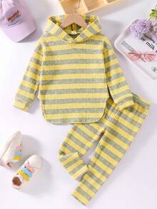 Elladie kids 女童新款黃灰條紋連帽長袖上衣與鬆緊腰休閒寬鬆軟針織長褲 2件套，春/秋 - 彩色 - 查看 3