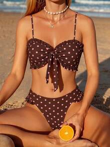 Swim Mod 女士波点花卉印花荷叶边抹胸上衣和高腰泳裤，夏季海滩度假 - 彩色 - 查看 4