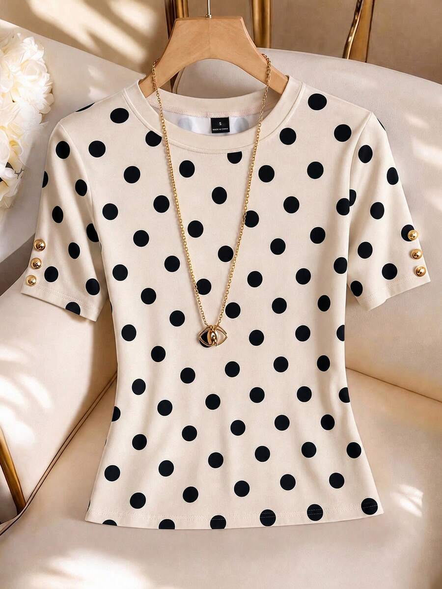 GlowEve Women's Polka Dot Print Short Sleeve Top, Elegant Round Neck Top, Casual Slim Fit, French Vintage Style, Minimalist Classic Black And White Polka Dot Top, Summer Fashion Top, Cuff Button Decoration, Soft And Comfortable Fabric, Suitable For Commuting, Office, Business Casual, Daily Wear, Dating, Gathering, Vacation, Travel And More - Apricot - View 1