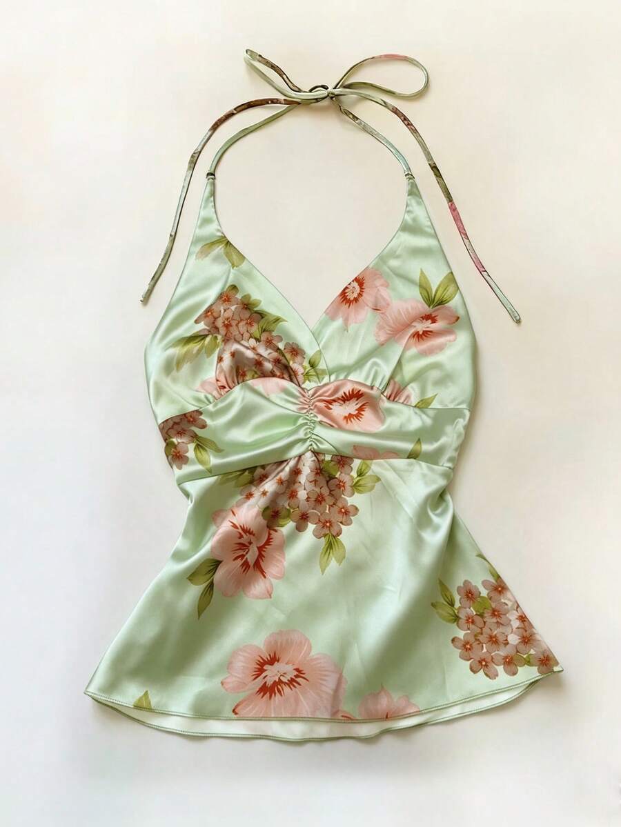 SHEIN Top elegante romántico retro con estampado floral y decoración de pedrería, cuello halter y silueta A para mujer - Multicolor - Ver 1