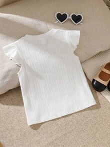 SHEIN 女童小女孩針織純色圓領荷葉邊下擺寬鬆休閒T恤 - 白色 - 查看 2