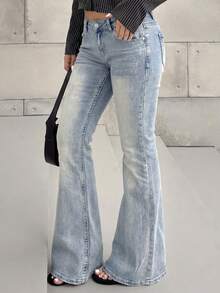 BiaLiraa Y2K Retro Millennium Baddie Pocket Cross Wing Embroidery Fitted Flare Leg Jeans For Women Casual - Light Wash - View 3