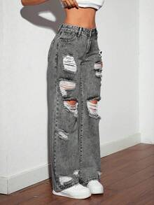 SHEIN Tall Fashionable Distressed Ripped Wide Leg Grey Jeans, Tall Women - Grey - View 6