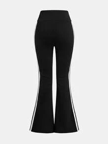 SHEIN Girlism Tween女孩黑色高腰緊身高彈力休閒瑜伽喇叭褲長褲，附織帶裝飾，居家與戶外穿著皆宜 - 彩色 - 查看 2